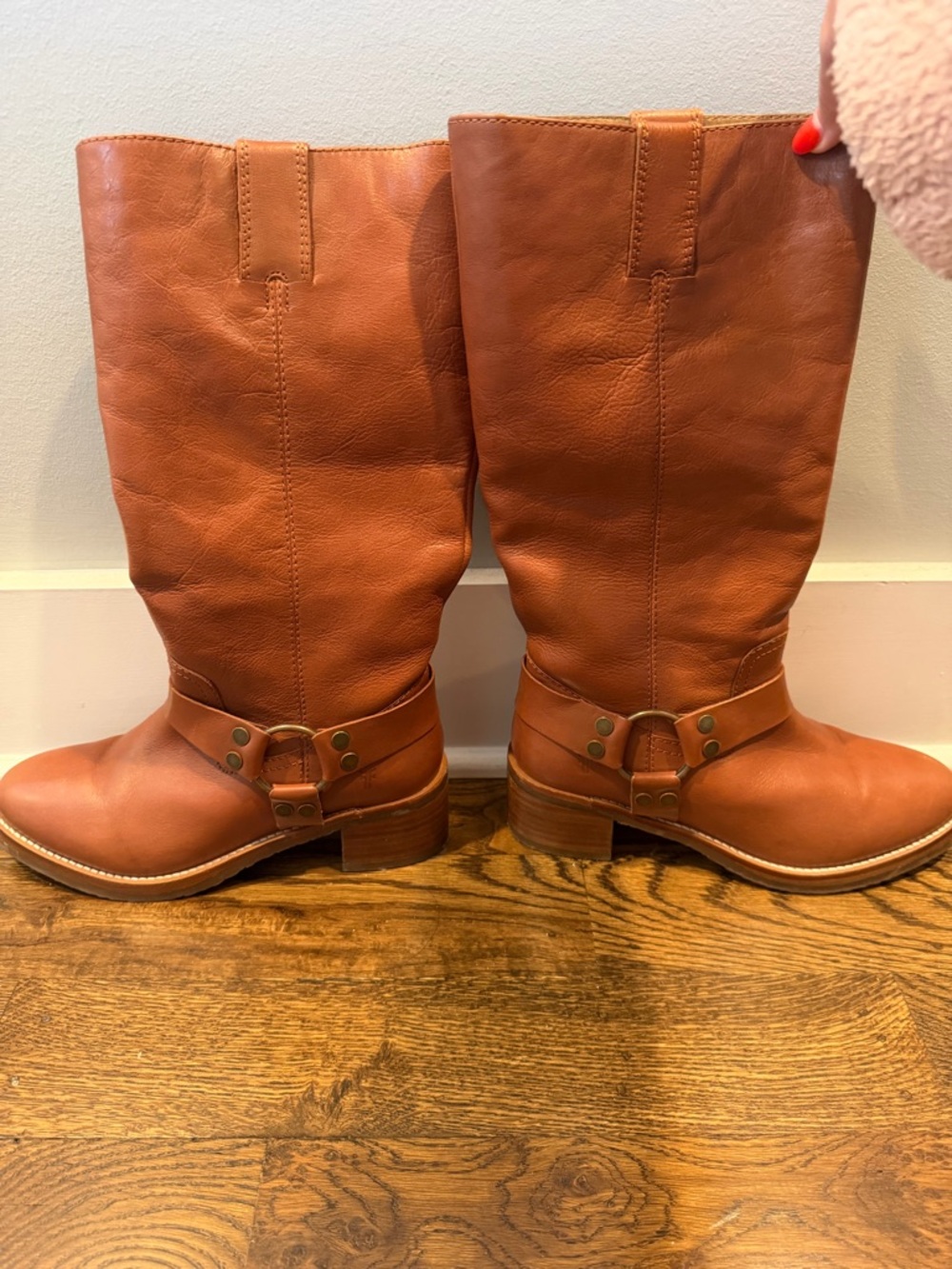 FRYE AND CO. Women's Tall Harness Boots in Cognac Brown